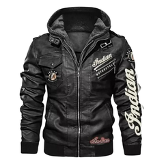 Indian Motorcycle Hooded Leather Biker Jacket Black Zip-Up Moto Coat