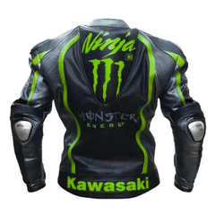 Men’s Kawasaki Racing Leather Jacket Black CE Armor Motorcycle Biker Jacket