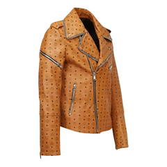 MCM Style Leather Jacket Cowhide Handmade Tan Biker Racing Jacket