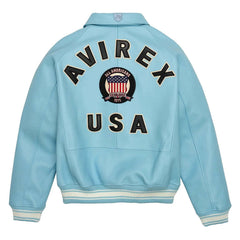 Men’s Avirex Style Bomber Jacket Light Blue Aviator Vintage Leather Jacket
