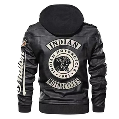 Indian Motorcycle Hooded Leather Biker Jacket Black Zip-Up Moto Coat