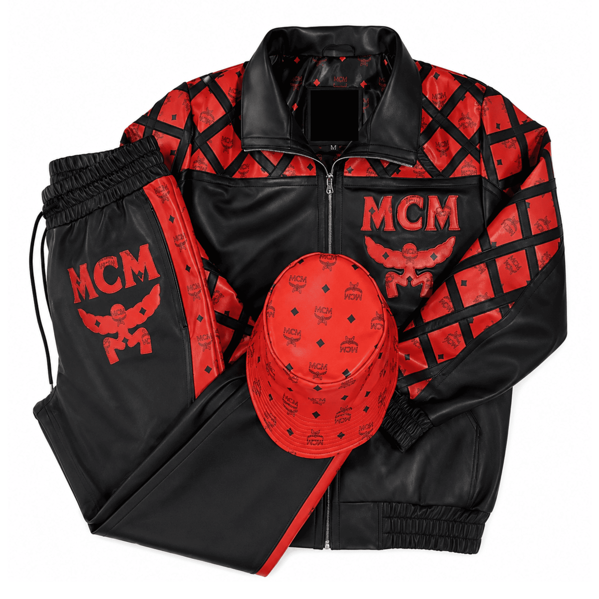 MCM Inspired Leather Tracksuit Set Black Red Leather Jacket Pants with Hat