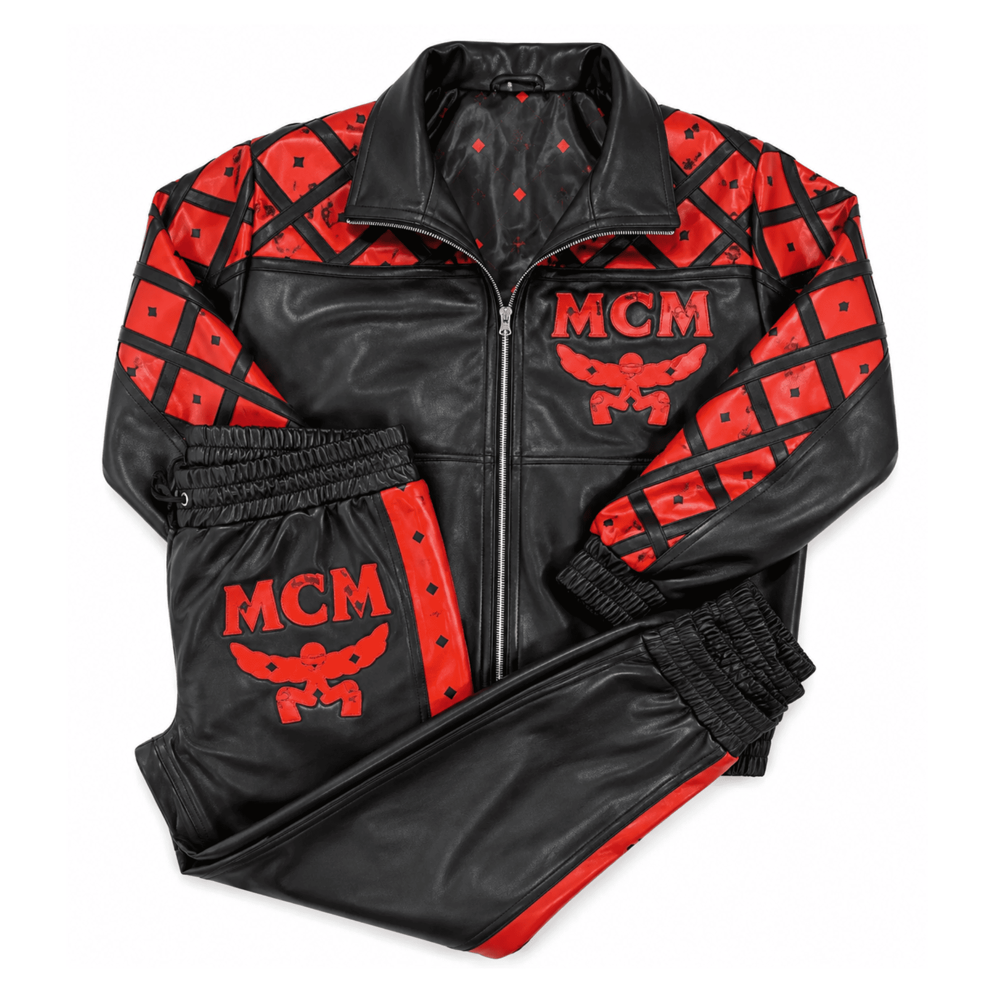 MCM Inspired Leather Tracksuit Set Black Red Leather Jacket Pants with Hat