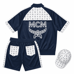MCM Style Short Sleeve Leather Tracksuit Blue White Matching Shorts Set with Hat