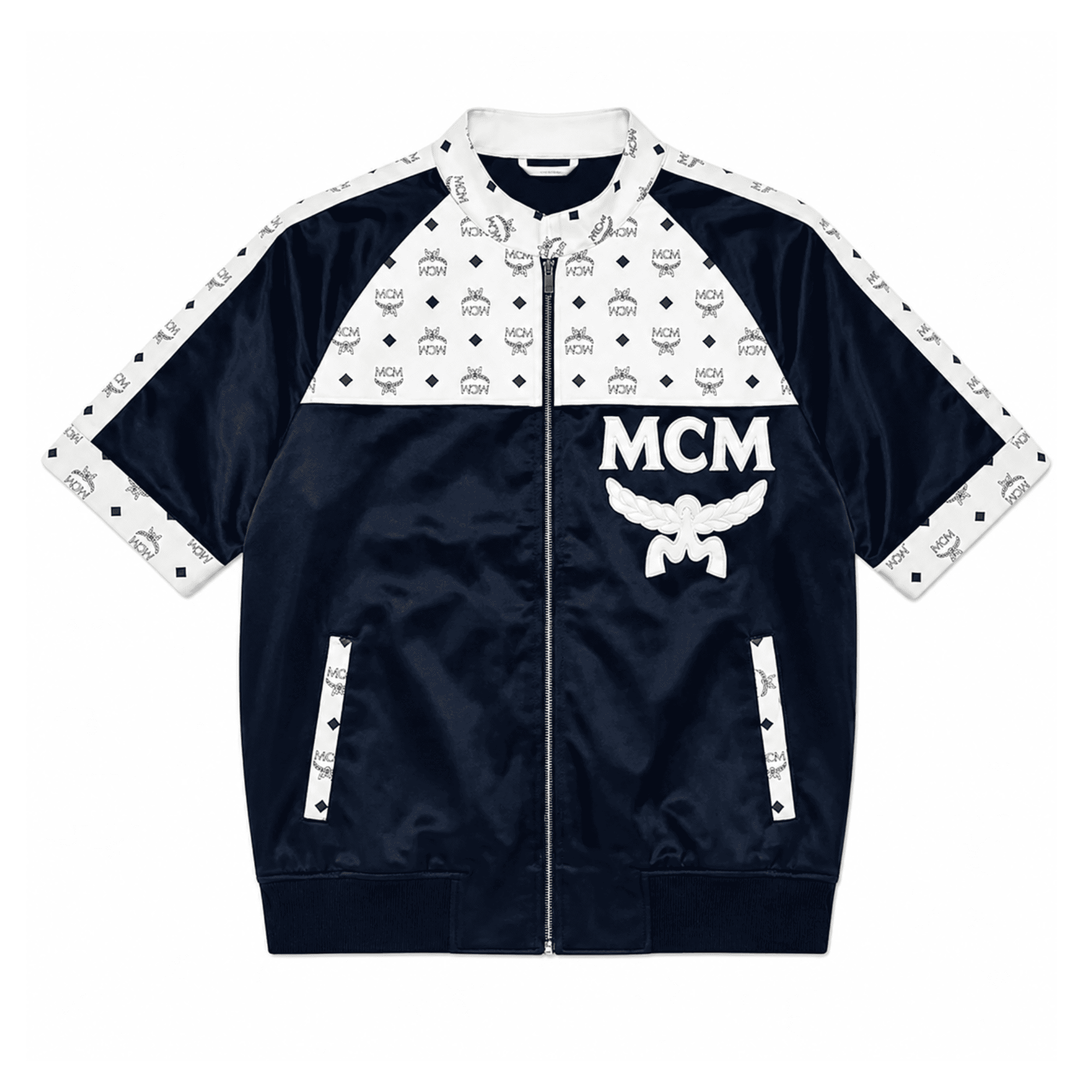 MCM Style Short Sleeve Leather Tracksuit Blue White Matching Shorts Set with Hat