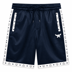 MCM Style Short Sleeve Leather Tracksuit Blue White Matching Shorts Set with Hat