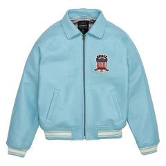 Men’s Avirex Style Bomber Jacket Light Blue Aviator Vintage Leather Jacket