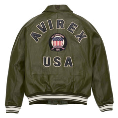 Men’s Avirex Leather Jacket Olive Leather Bomber Jacket Aviator Style
