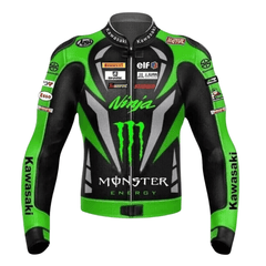Kawasaki Ninja Monster Leather Motorcycle Jacket Green CE Armor Racing Biker Coat