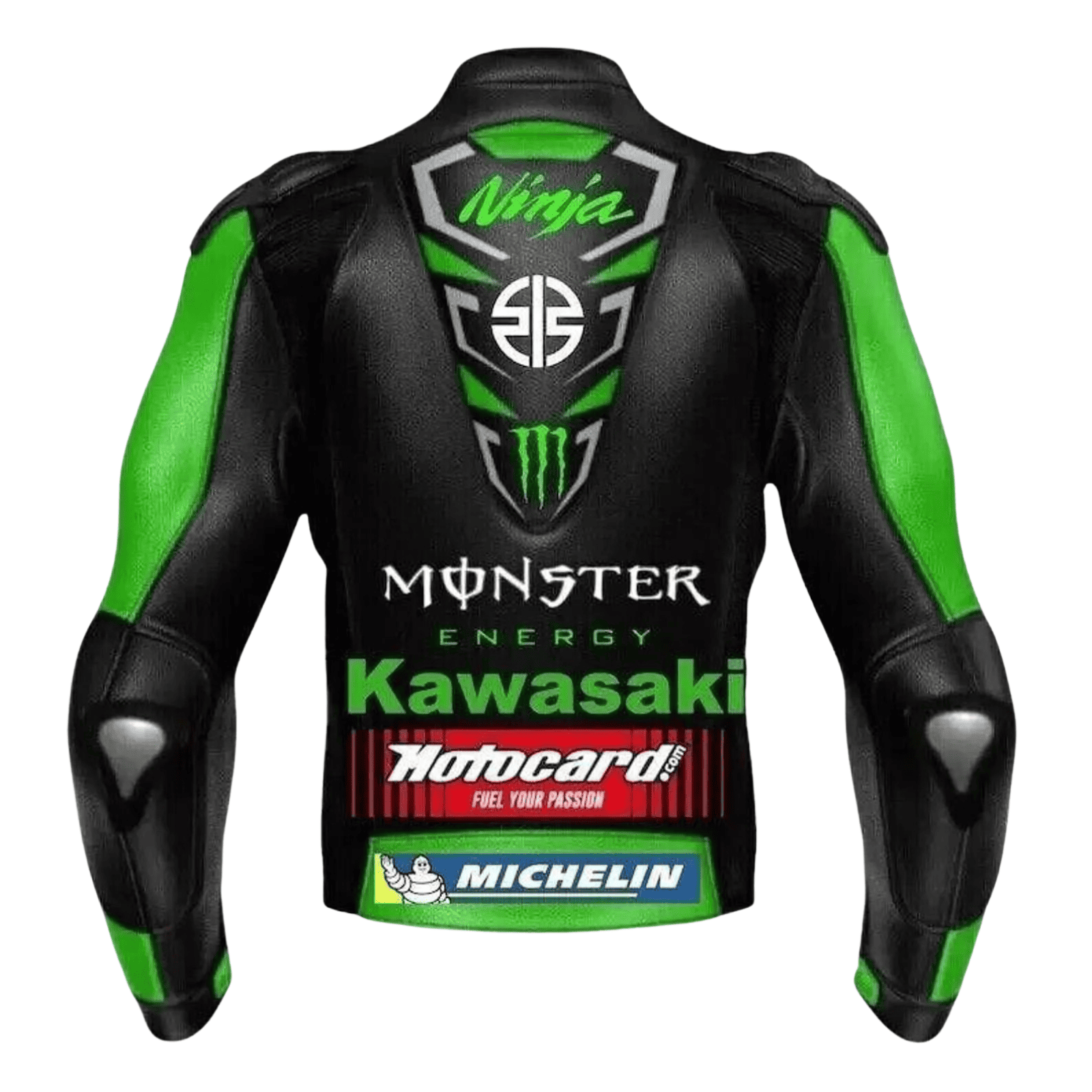 Kawasaki Ninja Monster Leather Motorcycle Jacket Green CE Armor Racing Biker Coat