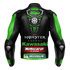 Kawasaki Ninja Monster Leather Motorcycle Jacket Green CE Armor Racing Biker Coat